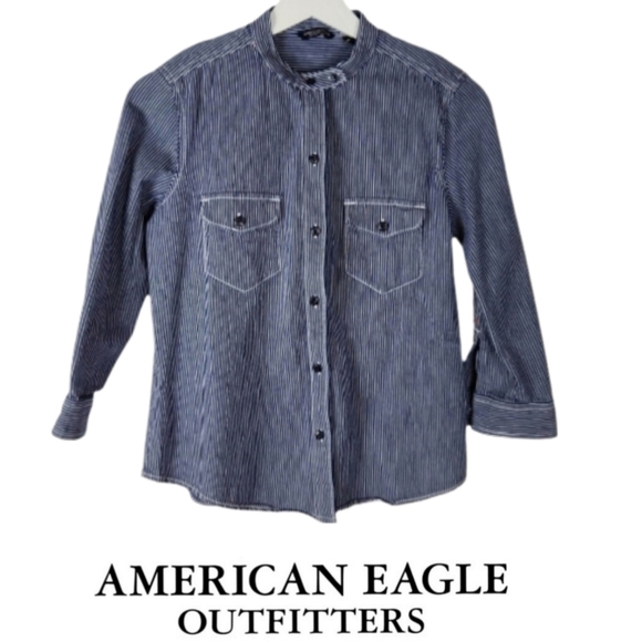 American Eagle Outfitters Tops - American Eagle Pinstripe Blue Shirt, S